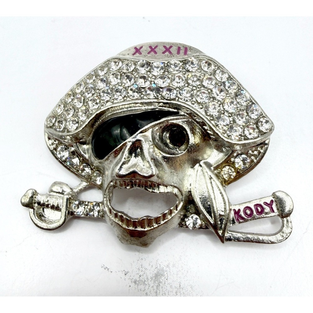 Vintage KODY Pirate Brooch Pendant Rhinestone Skull Figural 2"